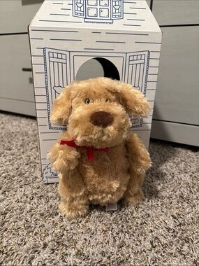 Plush Tan Dog Toy with Red Bow